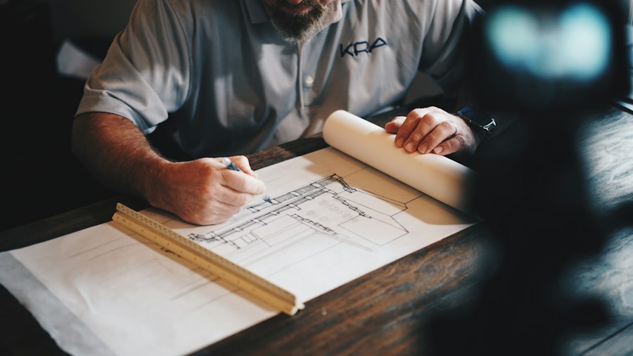 Professional reviewing architectural drawings at a desk